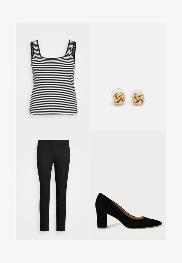 Top de tiras em preto e branco com decote quadrado, textura canelada, alças largas e bordas decorativas em forma de onda.; Leggings pretos feitos de material elástico, com um design ajustado e textura suave, sem padrões ou detalhes visíveis.; Shoe de salto alto em camurça preta com bico pontudo e salto bloco. O design apresenta uma textura suave e uma silhueta clássica.; Brincos de pressão em tom dourado com um design torcido. Cada brinco possui uma base circular transparente para um uso seguro.