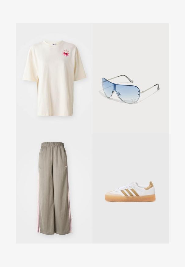 Šviesiai smėlinės spalvos medvilninė marškinėliai su rausvu gėlių ir logotipo siuvinėjimu kairiajame krūtinės pusėje. Laisvas kirpimas, trumpi rankoviai, apvalus kaklas.; Šviesiai alyvuogių žalios spalvos plačios kojų kelnės su vertikaliais dryžiais, elastinga juosmens juosta ir rožinėmis šoninėmis juostomis. Ant klubų yra mažas logotipas.; Baltos sportbačiai su kreminiais akcentais, turintys tris juosteles, apvalią nosį ir permatomą gumos padą. Lygi oda ir tekstilinės medžiagos.; Aviatoriai akiniai su gradientiniais mėlynais objektyvais, sidabriniu metaliniu rėmu ir dekoratyvinėmis žvaigždžių akcentais ant objektyvų. Lygaus ir stilingo dizaino.