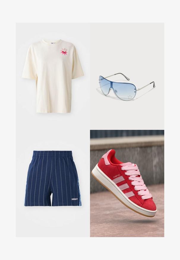 Ljusbeige bomulls t-shirt med en rosa blomma och logobrodyr på vänster bröst. Lätt oversized passform, korta ärmar, rund halsringning.; Mörkblå shorts med vita ränder, elastisk midja och Adidas-logo. Har blåa detaljer på sidorna, tillverkade av bomullsblandat material.; Röd mockaskor med rosa detaljer, med tre vita ränder och ljusrosa snören. Vit mellansula och gummisula.; Pilotglasögon med gradientblå linser, silverfärgad metallram och dekorativa stjärnaccenter på linserna. Snygg och elegant design.