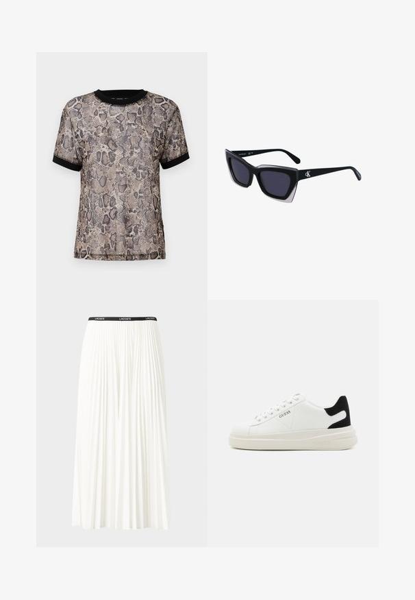 Krátky rukáv s potlačou hadieho vzoru v béžovej a čiernej farbe, s čiernym rebrovaným výstrihom a manžetami, vyrobený z ľahkej, priesvitnej textílie.; Plisovaná biela sukňa s čiernym elastickým pásom s logom "LACOSTE". Sukňa je stredne dlhá a má mäkkú textúru.; Biele kožené tenisky s hrubou bielou podrážkou, čiernym zamekom na päte a vyrazeným logom na boku. Šnurovací dizajn so šiestimi očkami.; Čierne oversized slnečné okuliare s geometrickým tvarom, s tmavými šošovkami a kontrastným šedým detailom na ráme. Logo na mostíku.
