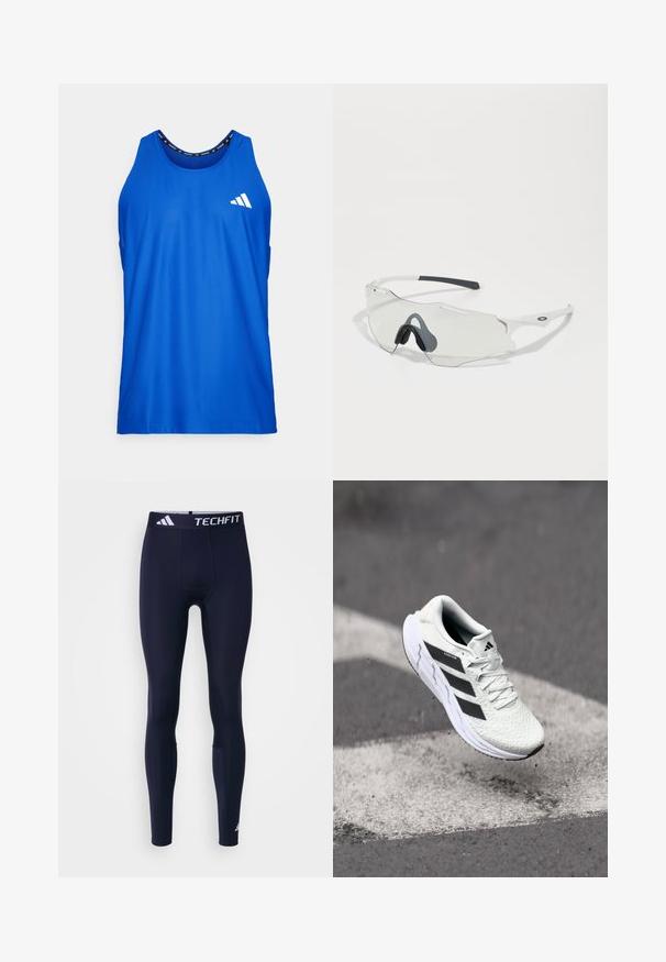 Modrý tílko vyrobené z lehkého a prodyšného materiálu. Má kulatý výstřih, bez rukávů a bílé logo na hrudi.; Sportovní legíny Techfit v námořnické modré barvě, vyrobené z elastického materiálu. Mají široký pas s logem, hladkou texturu a přiléhavý střih.; Bílé sportovní boty s texturovanou síťovinou, černými pruhy, šněrováním a polstrovanou podrážkou, levitující nad vyznačeným povrchem silnice.; Sluneční brýle s průhlednými skly, bílým rámem a šedými gumovými nosníky. Mají elegantní design, úhlové tvary a minimální kovové akcenty.