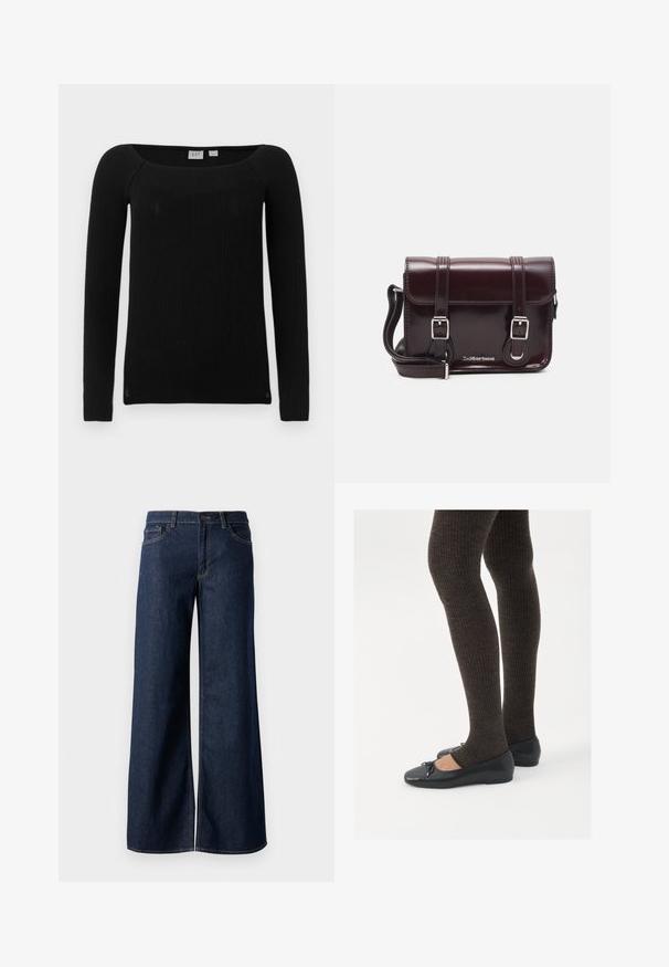 Juoda ribota ilgomis rankovėmis palaidinė su kvadrato formos iškirpte. Pagaminta iš tekstūruoto, tamprios medžiagos. Suteikia liekną siluetą ir šiek tiek siaurėjančias rankoves.; Plati kojinės džinsai tamsiai mėlynos džinsinės medžiagos. Yra kontrastingas siuvimo ornamentas, penkios kišenės ir užsegimas mygtuku juosmenyje. Lygus paviršius.; Juodos plokščios bateliai su maža kaspinėlio detale prie pirštų, derinami su tamsiai rudos spalvos raukšlėtomis pėdkelnėmis. Bateliai turi lygų paviršių ir žemą profilį.; Bordo lakinės odos krepšys per petį, stačiakampio formos, su dviem diržais, sidabrinėmis detalėmis ir užtraukiama kiautu.