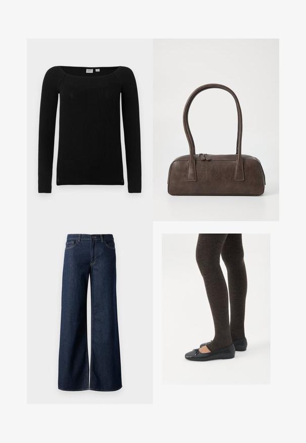 Melnas ribotu piedurkņu ilgas piedurknes blūze ar kvadrātu izgriezumu. Izgatavota no struktūrizēta, elastīga auduma. Nodrošina šauru piegriezumu un nedaudz sašaurinātas piedurknes.; Platas kājas džinsi tumši zilā denima krāsā. Iespējas ir kontrastējošās vīles, piecas kabatas un pogu aizdare jostasvietā. Gluda tekstūra.; Melnas plakano formas kurpes ar mazu loku uz pirksta, apvienotas ar tumši brūnām ribotām zeķubiksēm. Kurpēm ir gluda tekstūra un zems profils.; Brūna ādas rokassoma ar divām izturīgām rokturām, taisnstūra forma, gluda tekstūra un ar rāvējslēdzēju. Minimālisma dizains bez redzamām rakstzīmēm.