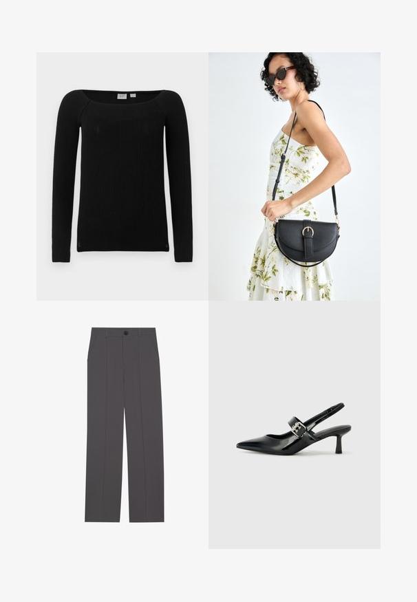 Schwarzes, gestreiftes Oberteil mit langen Ärmeln und quadratischem Ausschnitt. Hergestellt aus einem strukturierten, dehnbaren Stoff. Bietet eine schmale Passform und leicht taillierte Ärmel.; Graue Hose im geraden Schnitt, mit zwei seitlichen Taschen und einem Knopfverschluss. Glattes Material ohne sichtbare Muster oder Akzente.; Schwarze Lackleder Slingback-Absätze mit spitzem Zeh und kleinem Blockabsatz, ausgestattet mit einem silbernen Schnallenakzent am Riemen.; Schwarze Lederhandtasche mit geschwungener Form, abnehmbarem Tragegurt und goldenen Beschlägen. Die Tasche verfügt über einen Deckel mit einer Schnallen-Details.