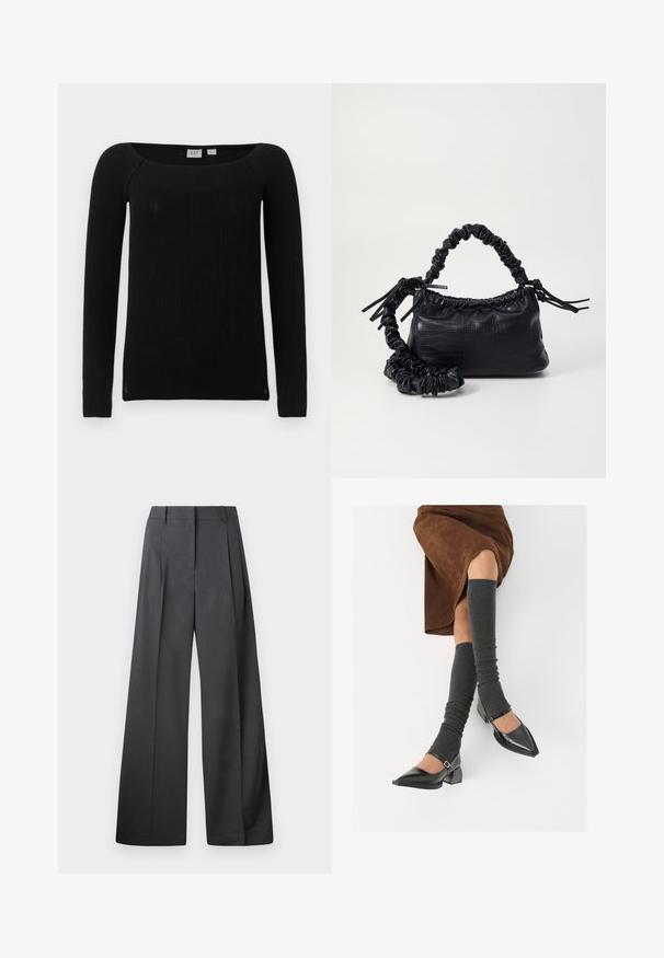 Zwarte geribbelde langemouwen top met een vierkante halslijn. Gemaakt van een gestructureerde, rekbare stof. Biedt een slim fit en licht taps toelopende mouwen.; Wijde broek in donkergrijze stof, met een hoge taille, enkele plooien en een gladde textuur met een nette afwerking aan de zoom.; Zwarte gepatineerde leren pumps met een puntige neus, een blokhak en een enkelbandje, gecombineerd met grijze geribde beenwarmers en een bruine suède rok.; Zwarte nepleer handtas met een krokodillenstructuur, opgedroogde bovenkant en een gekreukte hengsel. Het lijkt zacht en compact van ontwerp.