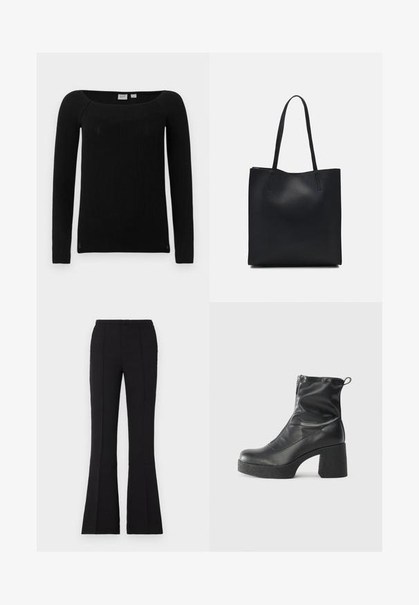 Juoda ribota ilgomis rankovėmis palaidinė su kvadrato formos iškirpte. Pagaminta iš tekstūruoto, tamprios medžiagos. Suteikia liekną siluetą ir šiek tiek siaurėjančias rankoves.; Juodos plačių kojų kelnės iš lygaus audinio, su prigludusia talija, priekinėmis siūlėmis ir lengvu išsiplėtimu nuo kelio.; Juodos kulkšninių botai, pagaminti iš lygaus odos, su šoniniu užtrauktuku, masyviu tekstūruotu kulnu ir apvaliu pirštu.; Juodas odinis tote krepšys su lygia tekstūra, stačiakampio formos ir dviem ilgais rankenomis. Matomų metalinių detalių ar puošybos nėra.