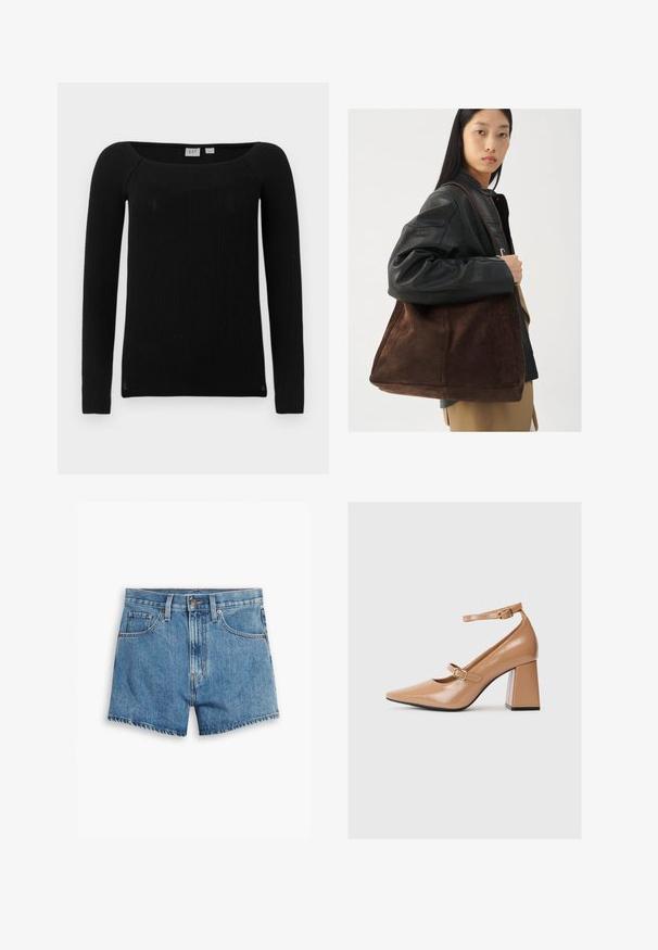 Black ribbed long-sleeve top with a square neckline. Made from a textured, stretchy fabric. Offers a slim fit and slightly tapered sleeves.; Denim shorts in light blue, featuring five pockets, a zip fly, and a button closure. The hem is frayed with a relaxed fit design.; Beige patent leather high-heeled shoes with a pointed toe, an ankle strap, and a chunky square heel. Smooth texture with glossy finish.; Brown suede tote bag with a wide shape and soft texture, featuring a single strap and minimal hardware against a neutral backdrop.