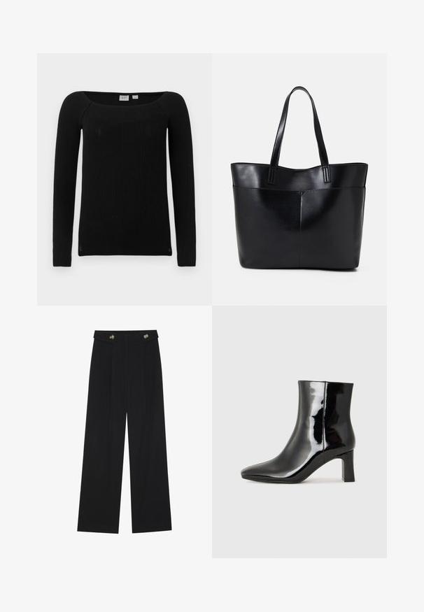 Black ribbed long-sleeve top with a square neckline. Made from a textured, stretchy fabric. Offers a slim fit and slightly tapered sleeves.; Black wide-leg trousers with high waist, button details on waistband, and front pleats.; Black patent leather ankle boot with a pointed toe and a mid-height block heel. Smooth texture and minimalist design.; Black leather tote bag with two long handles, a smooth texture, and a structured shape. Features a front pocket for additional storage.