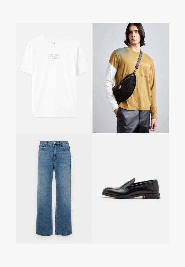 T-shirt branca de algodão com um gráfico cinza centralizado, apresentando números e um design circular. Gola clássica de crew e mangas curtas.; Jeans azuis de perna larga, feitos de denim com um acabamento desbotado. Apresentam cinco bolsos, um fecho frontal com botão e um corte reto.; Mocassins de couro preto com uma textura suave, bico arredondado e uma faixa decorativa sobre o peito do pé. Salto baixo e empilhado, design minimalista.; Vivienne Westwood CITY BUMBAG UNISEX - Bolsa de cintura - black