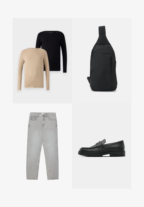 Due magliette a maniche lunghe: una beige e una nera. Tessuto morbido e stretch con scollature rotonde e design minimalista.; Pantaloni in denim grigio chiaro con design a gamba dritta, stile a cinque tasche e chiusura con bottone. Cuciture visibili lungo le cuciture.; Mocassini in pelle nera con punta rotonda, caratterizzati da un design cucito, suola piatta bassa e un battistrada in gomma testurizzata e scolpita.; Zaino a tracolla nero in tessuto con una sola cinghia, diversi scomparti con zip e un design elegante e minimalista.