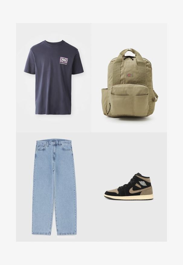 Námořnická modrá bavlněná tričko s kulatým výstřihem a krátkými rukávy. Na levé části hrudi má geometrický grafický potisk v purpurové a bílé barvě.; Světle modré džíny s rovnými nohavicemi, středním pasem, pěti kapsami a zapínáním na knoflík a zip.; Kotníkové tenisky z černé a béžové semiše, s perforovanou špičkou, béžovou stélkou, černými tkaničkami a stříbrným logem na boku.; Khaki batoh s polstrovanými popruhy, přední kapsou a kulatým logem. Vyroben z odolné látky, s vrchním uchem a boční kapsou.