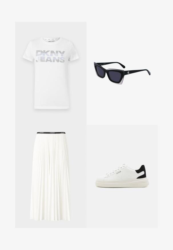 Hvit bomull t-skjorte med "DKNY JEANS" i store, glitrende sølvfargen bokstaver på forsiden. Korte ermene, rund halslinning.; Plissert hvit skjørt med en svart elastisk midje som har "LACOSTE"-logoen. Midjelengde design med myk tekstur.; Hvite lær sneakers med tykk hvit såle, svart semsket hælforsterkning og preget logo på siden. Snøresystem med seks hull.; Store svarte solbriller i overdimensjonert størrelse med geometrisk form, med mørke linser og en kontrasterende grå detalj på rammen. Logo på armen.