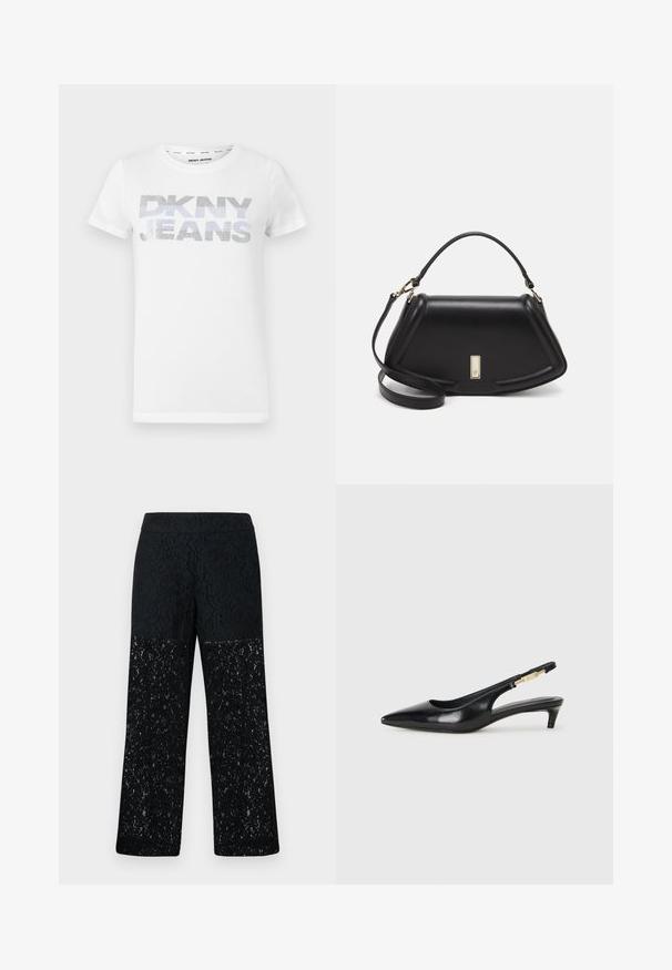 White cotton t-shirt featuring "DKNY JEANS" in large, glittery silver letters across the front. Short sleeves, round neckline.; Black lace pants with a wide-leg design. Features intricate floral patterns on a semi-sheer lower section, smooth waistband.; Black leather slingback heels with a pointed toe, featuring a slim heel and a gold-tone accent on the adjustable strap. Smooth texture.; Black leather handbag with a structured design, featuring a cropped shape, top handle, and gold hardware accent. Adjustable shoulder strap included.