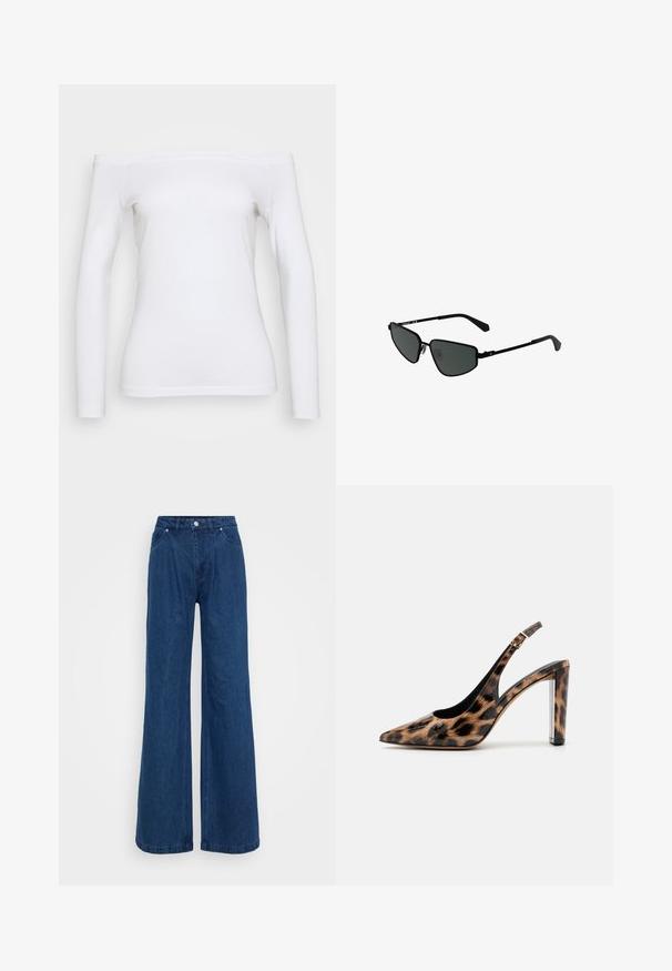 White off-the-shoulder long-sleeve top made of soft cotton. Features a fitted silhouette and smooth texture with a clean finish at hemline.; Wide-leg blue denim jeans with a high waist, front button and zipper closure, and front and back pockets against a plain background.; Leopard print slingback pump with a pointed toe and transparent block heel. Made of glossy material with a smooth texture.; Black metal sunglasses with angular frames and dark lenses. Features thin, straight arms and nose pads for secure fit.