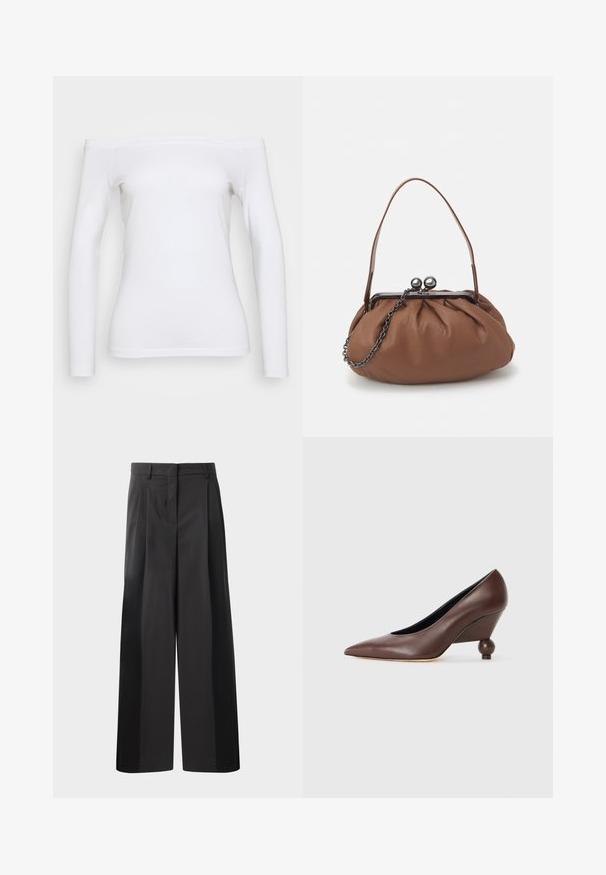 Bílý top s odhalenými rameny a dlouhými rukávy vyrobený z měkké bavlny. Má přiléhavý střih a hladkou strukturu s čistým zakončením na lemu.; Černé kalhoty širokého střihu s vysokým pasem, které mají přední sklady, hladký povrch a upravený vzhled. Navrženy pro volný střih.; Hnědé kožené klínové lodičky s špičatou špičkou a zaobleným, kulatým podpatkem. Hladký povrch s jednoduchým designem a minimem akcentů.; Hnědá kožená taška s nařaseným designem, krátkým koženým uchem a řetízkovým popruhem. Obsahuje stříbrnou kovovou sponu se dvěma kulatými detaily.