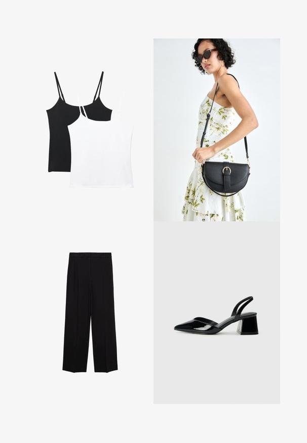 Deux débardeurs en noir et blanc ; chacun présente des bretelles fines et réglables, une texture lisse et un design simple aux coupes droites.; Pantalons larges noirs en tissu lisse, avec des plis sur le devant et des poches latérales, conçus avec une coupe droite et décontractée.; Escarpins en cuir verni noir avec bout pointu et talon bloc géométrique. Présente un design élégant et minimaliste ainsi qu'une texture lisse.; Sac à main en cuir noir avec une forme courbée, bandoulière amovible et des accessoires en or. Le sac est doté d'un rabat avec un détail de boucle.