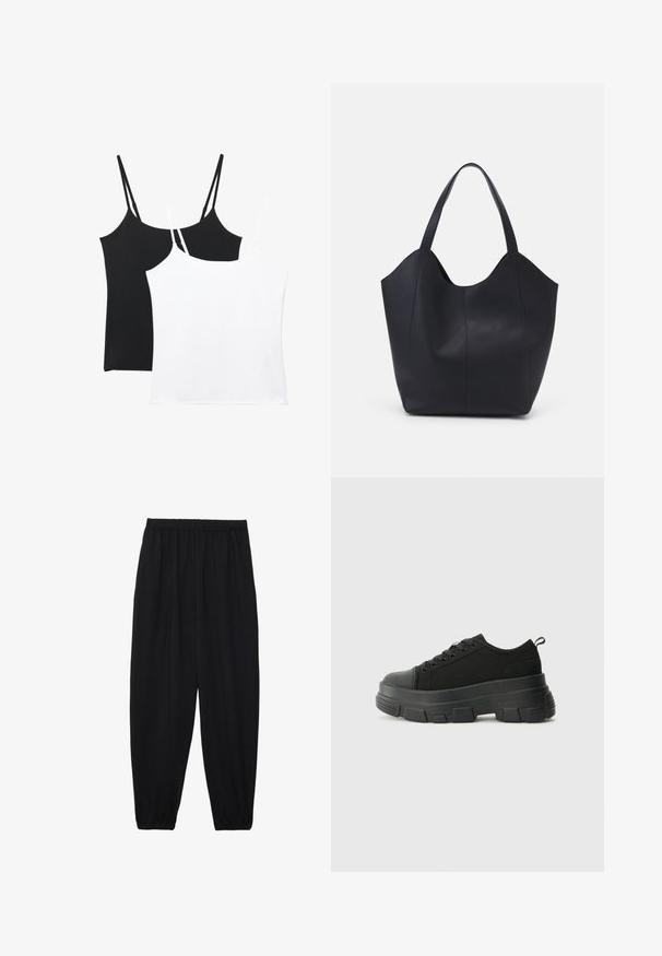 Twee camisoles in zwart en wit; elke heeft dunne verstelbare bandjes, een gladde textuur en een eenvoudig, recht gesneden ontwerp.; Zwarte, lichte broek met een elastische tailleband en gathered enkels. De stof is glad en heeft een ontspannen, taps toelopend ontwerp.; Zwarte sneakers met een stevige rubberen zool, textiel bovenwerk, ronde neus en vetersluiting. Beschikt over versterkte oogjes en een trekstrip aan de achterkant.; Zwarte tote tas van glad leer, met een gebogen, open bovenkant en twee schouderbanden, en een minimalistisch ontwerp.