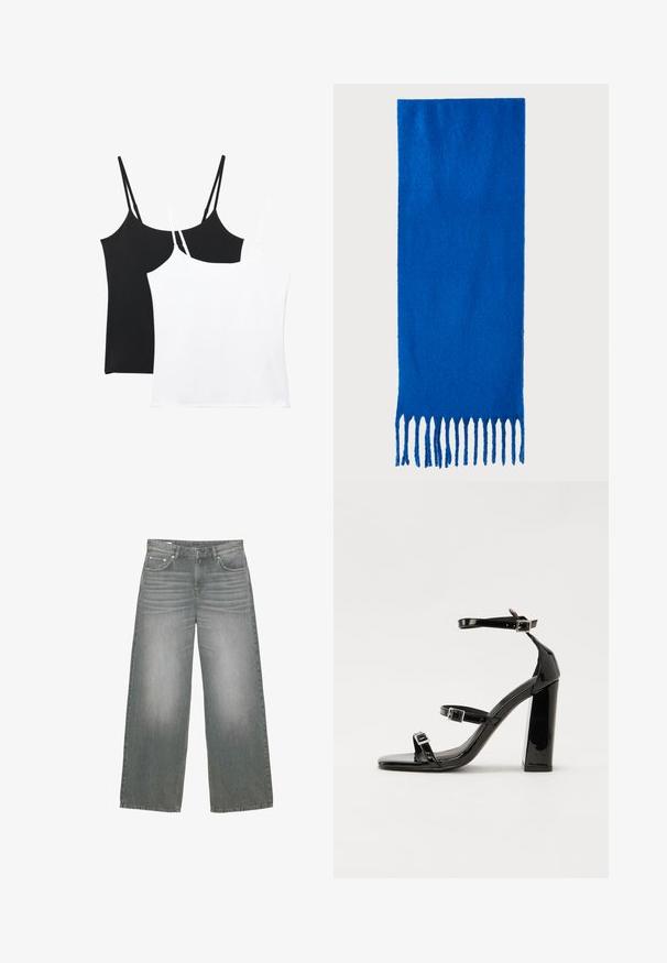 Twee camisoles in zwart en wit; elke heeft dunne verstelbare bandjes, een gladde textuur en een eenvoudig, recht gesneden ontwerp.; Grijs denim jeans met brede pijpen, voorzien van een licht vervaagde textuur, vijf zakken en een klassieke knoop- en ritssluiting.; Zwarte patent lederen sandalen met hoge hakken, twee gespenbanden, een vierkante neus en een stevige blokhak, met een gladde, glanzende textuur.; Blauwe sjaal met franjes, gemaakt van zachte stof; heeft een effen kleur met een gestructureerd oppervlak en gelijkmatig gesneden franjes aan de onderkant.; Zwarte leren handtas met een gebogen vorm, afneembare schouderband en gouden hardware. De tas heeft een klep met een gespsluiting.