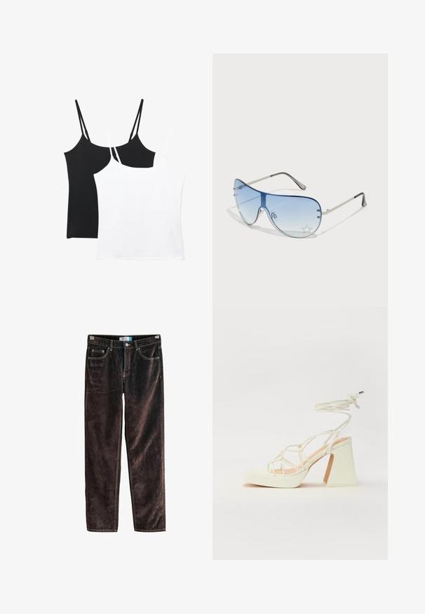 Dve majice brez rokavov v črni in beli barvi; vsaka ima tanke nastavljive naramnice, gladko teksturo in preprost, ravno krojen dizajn.; Rjave kordurojske hlače s ravnimi nogavicami, petimi žepi, kontrastnim šivanjem in gumbom za zapiranje v pasu. Mehka tekstura z rebrastim vzorcem.; Bela sandala na visokih petah s debelim petam, ki ima obliko trakcev in vezanje okoli gležnja. Gladka tekstura z platformo spredaj za dodatno višino.; Pilotne sončne očala z gradijentnimi modrimi lečami, srebrnim kovinskim okvirjem in okrasnimi zvezdastimi detajli na lečah. Gladek in eleganten dizajn.