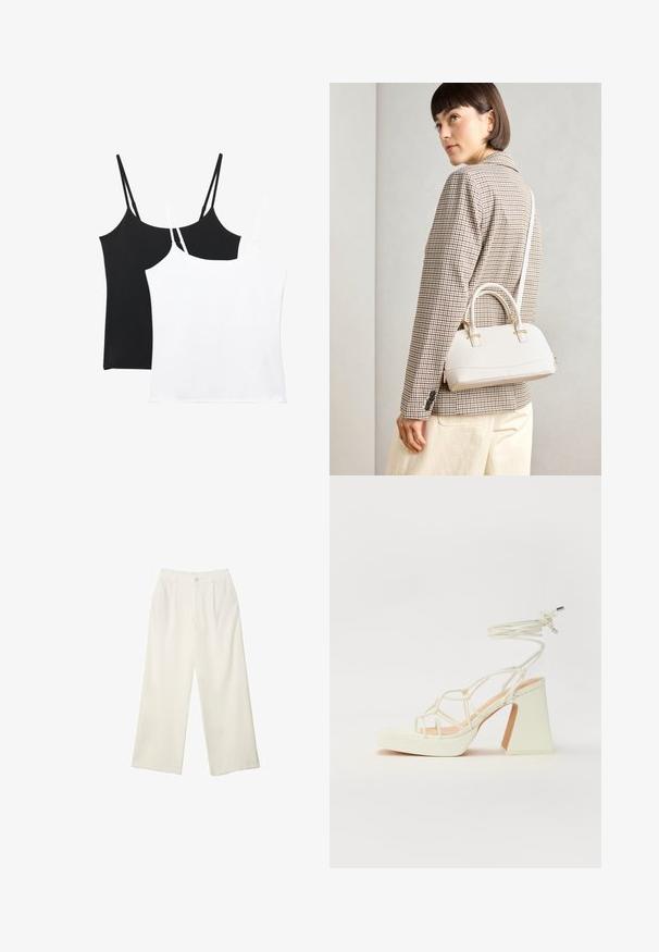 Dwie koszulki na ramiączkach w kolorze czarnym i białym; każda z nich ma cienkie, regulowane ramiączka, gładką fakturę oraz prosty, prostokątny fason.; Spodnie z szerokimi nogawkami w kremowej tkaninie o gładkiej fakturze, z pojedynczym guzikiem z przodu, subtelnymi plisami i wysokim stanem.; Biała sandał na wysokim obcasie z masywnym słupkiem, z paskowym wzorem i wiązaniem przy kostce. Gładka faktura z platformą z przodu dla dodatkowej wysokości.; Biała torebka o strukturalnym kształcie z krótkimi uchwytami i paskiem na ramię, z złotymi akcentami i teksturowanym materiałem, prezentowana na szarym tle.