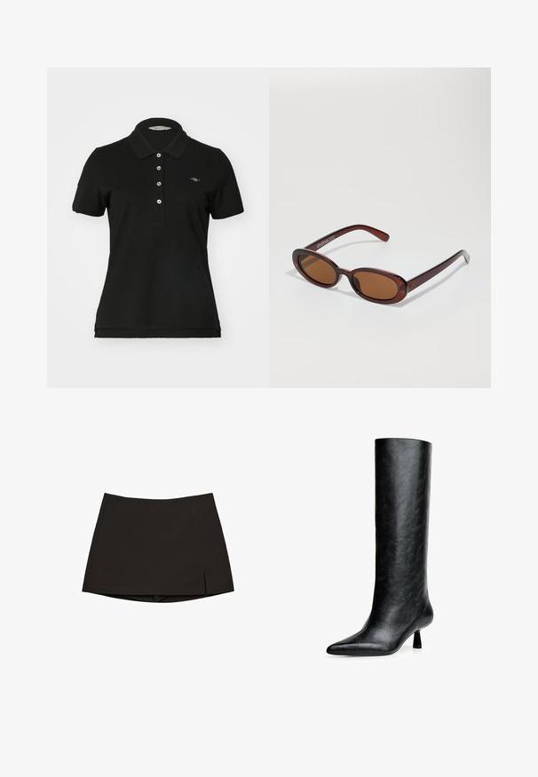 Schwarzes Poloshirt aus Baumwolle mit klassischem Kragen, fünf Knöpfen und einem kleinen gestickten Logo auf der Brust. Kurzärmlig.; Schwarzer Minirock aus glattem Stoff, mit geradem Schnitt, Seitenschlitzen und sauberem Saum. Einfach und vielseitig.; Schwarze kniehohe Stiefel aus strukturiertem Leder. Mit spitzem Zeh und kleinem, ausgestellt Absatz. Schlankes, glattes Design mit minimalen Akzenten.; Runde, braun getönte Sonnenbrillen mit einem glänzenden burgunderfarbenen Rahmen. Schlanke Bügel mit dezentem Branding. Flaches Linsendesign.; Braune Lederhandtasche mit glatter Textur, runder Form und doppelten Griffen. Enthält ein goldenes Logo und einen kleinen angehängten Anhänger.