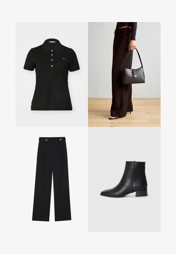 Svart pikétröja i bomull med klassisk krage, fem-knappsknäppning och en liten broderad logotyp på bröstet. Korta ärmar.; Svarta vida byxor med hög midja, knäppdetaljer i midjan och framfickor.; Svart läderankelsko med spetsig tå och låg klack, med en slät yta och minimalistisk design.; Svart handväska med strukturerad form, slät yta och metallspänne. Matchad med vida svarta byxor och sandaler med öppen tå på trägolv.