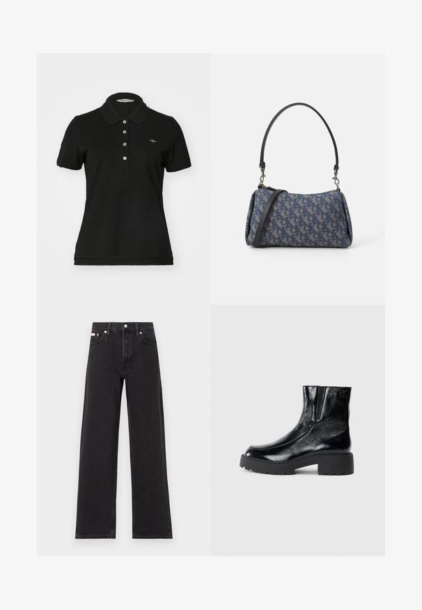 Polo negru din bumbac, cu guler clasic, și o închidere cu cinci butoane, având un mic logo brodat pe piept. Mâneci scurte.; Jeanși negri cu picioare largi, fabricați din denim, cu talie înaltă, stil cu cinci buzunare și închidere cu nasture metalic, cu cusături contrastante.; Botine negre până la gleznă, cu un finisaj de piele lacuită strălucitoare, talpă de cauciuc neagră masivă și toc înălțat; include detalii subtile cu logo pe lateral.; Geantă de mână cu un model albastru, confecționată din țesătură, având o formă curbată, curea din piele neagră și un design al logo-ului într-o nuanță mai deschisă.