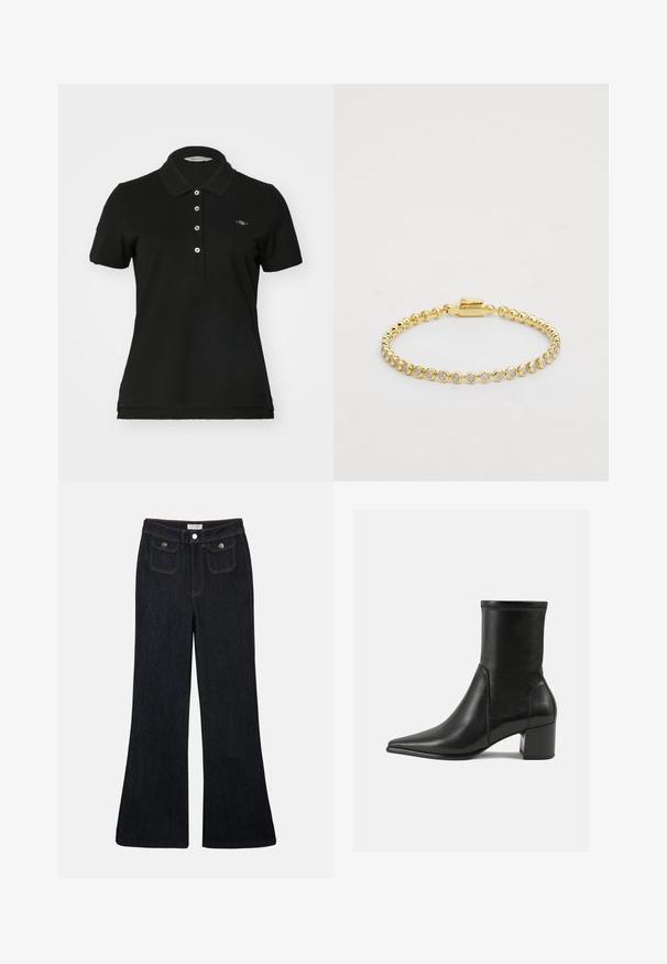 Musta poolpaita, joka on valmistettu puuvillasta. Siinä on klassinen kaulus, viiden napin listaus ja pieni brodeerattu logo rinnassa. Lyhyet hihat.; Tummat farkut, joissa on leveät lahkeet ja korkea vyötärö, kaksi etutaskua sekä oranssit ompeleet. Materiaali näyttää kovalta ja sileältä.; Mustat nilkkurit, jotka on valmistettu sileästä nahasta, kärjessä on terävä muoto, paksu korko ja selkeästi kohoavat ompeleet yläreunassa.; Kultaketju, jossa on pyöreitä kirkaita strasseja tasaisessa kuviossa, ja yksi puoli on varustettu koukku- tai snap-lukolla. Tasainen pinta ja kiiltävä viimeistely.