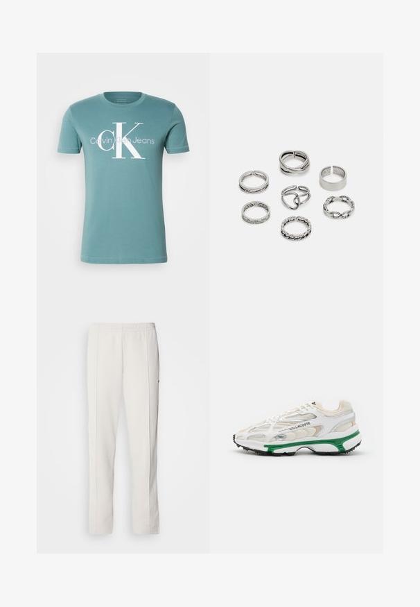 T-shirt de algodão em azul petróleo com decote redondo, mangas curtas e um logótipo em branco "Calvin Klein Jeans" com um design proeminente "CK".; Lacoste Calças de fato de treino - hammam; Sapatilha branca com detalhes verdes e sola de borracha preta. Apresenta painéis em malha e sintéticos, com um acabamento texturizado e costura visível.; Conjunto de sete anéis de prata com vários designs, incluindo padrões torcidos, entrelaçados e gravados. Diferentes formas e larguras.
