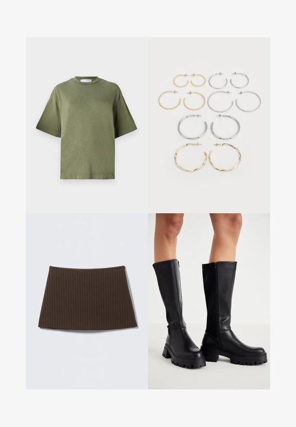 Camiseta de manga corta verde oliva, hecha de una tela suave con un ajuste relajado, escote redondo y diseño minimalista. Sin patrones visibles.; Falda marrón con rayas finas, diseño ajustado, textura suave y dobladillo acampanado, ideal para un look entallado.; Botas de rodilla negras, hechas de un suave cuero sintético, con suela gruesa, cierre de cremallera lateral y diseño de punta redondeada.; Conjunto de doce pendientes de aro en tonos plateados y dorados. Incluye diseños retorcidos, lisos y texturizados en varios tamaños y acabados.