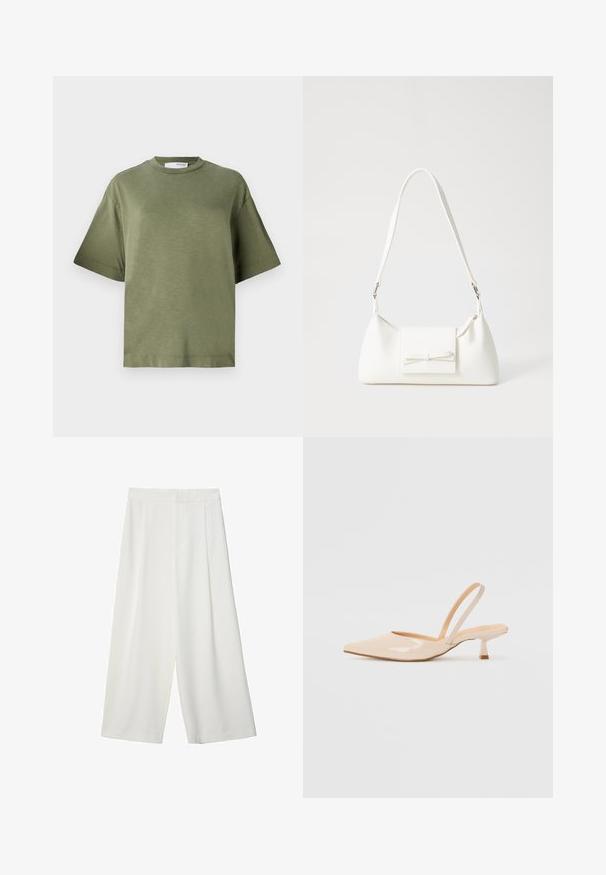 Oliiviroheline lühikeste varrukatega T-särk, pehmest kangast, lõdva lõikega, ümmarguse kaelusega ja minimalistikus disainis. Ilma nähtavate mustriteta.; Valkoiset, leveät, lyhyet housut sileällä pinnalla, joissa on litteä etuosa, eivätkä niissä ole näkyviä kiinnityksiä tai taskuja.; Beige patenttanssisen nahasta valmistetut slingback-korkokengät, joissa on terävä kärki ja kapea, neliömäinen korko. Saumatonta pinta ja minimalistinen muotoilu ilman koristeita.; Valkoinen synteettinen käsilaukku, jossa on kolmikulmainen muoto, tasainen etu läppä ja nauhadetail, säädettävä olkahihna, sileä rakenne ja minimalinen muotoilu.