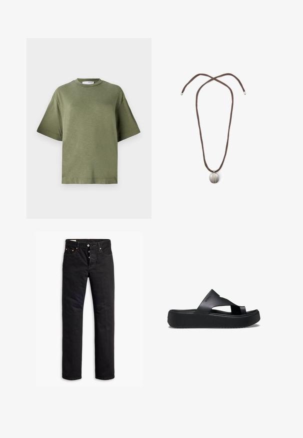 Olijfgroene T-shirt met korte mouwen, gemaakt van zachte stof met een ontspannen pasvorm, ronde halslijn en een minimalistisch ontwerp. Geen zichtbare patronen.; Zwarte denim jeans met een rechte snit, vijf-pocket ontwerp en een knoopsluiting. Beschikt over koperen klinknagels en stikselaccenten.; Zwarte platform flip-flops met een getextureerde rubberen zool, voorzien van een kruisbandontwerp en een matte afwerking. Merklocatie subtiel aan de zijkant.; Halsketting met een bruine koord en een zilveren ovale hanger. De hanger heeft een glad oppervlak en een lichte indeuking in het midden.