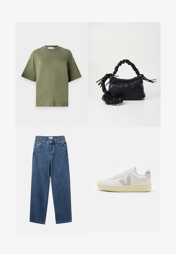 Olivu zaļas īsām piedurknēm T-kreklas, izgatavots no mīksta auduma ar brīvu piegriezumu, apaļu kakla izgriezumu un minimālistisku dizainu. Nav redzamu rakstu.; Klasiskie zili džinsi ar taisnu kāju dizainu, pieciem kabatām un pogu aizdari. Iezīmējas ar vidēju mazgāšanu un izturīgu tekstūru.; Baltas ādas sporta apavu pāris ar bēšiem zamša akcentiem, caurumiņu purngalā, plakanu šņorēšanu un teksturētu krēmkrāsas zoli. Iezīmējas ar diskrētu zīmolu uz papēža.; Melnā mākslīgās ādas rokassoma ar krokodila rakstu, savilkta augšdaļa un saburzīta siksna. Izskatās mīksta un kompakta pēc dizaina.