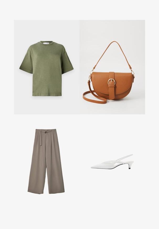 T-shirt verde oliva a maniche corte, realizzato in tessuto morbido con una vestibilità comoda, scollatura rotonda e design minimalista. Nessun motivo visibile.; Pantaloni a gamba larga in un morbido tessuto grigio tenue, con vita con cintura e pieghe per un tocco di design aggiuntivo. Texture liscia, senza motivi.; Décolleté bianco con punta affilata, caratterizzato da una tomaia liscia, sottili aperture e un tacco a blocco basso. La suola nera esalta il design.; Borsa a tracolla in pelle marrone con forma curvata, hardware dorato e un dettaglio con fibbia. Presenta una tracolla rimovibile.