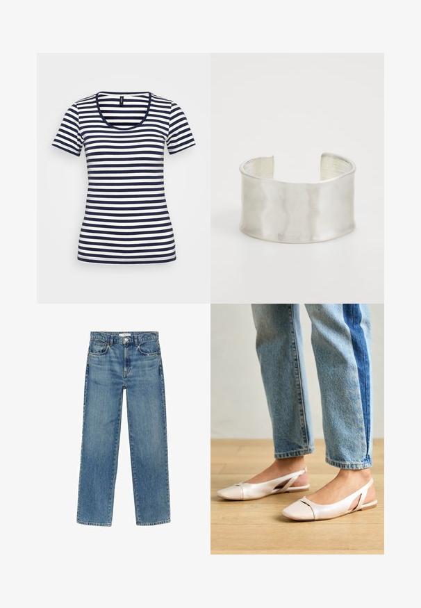 Koszulka w paski w kolorze granatowym i białym z okrągłym dekoltem, krótkimi rękawami i dopasowanym krojem. Wykonana z miękkiej, lekkiej tkaniny.; Jasnoniebieskie dżinsy w prostym kroju, z pięcioma kieszeniami i zapięciem na guzik w talii. Posiadają widoczne szwy oraz wyblakłe wykończenie.; Jasnoróżowe baleriny na odkrytej pięcie z wąskim noskiem, wykonane z gładkiego materiału imitującego skórę. Posiadają wycięcia po bokach oraz płaski obcas.; Zign - Bransoletka