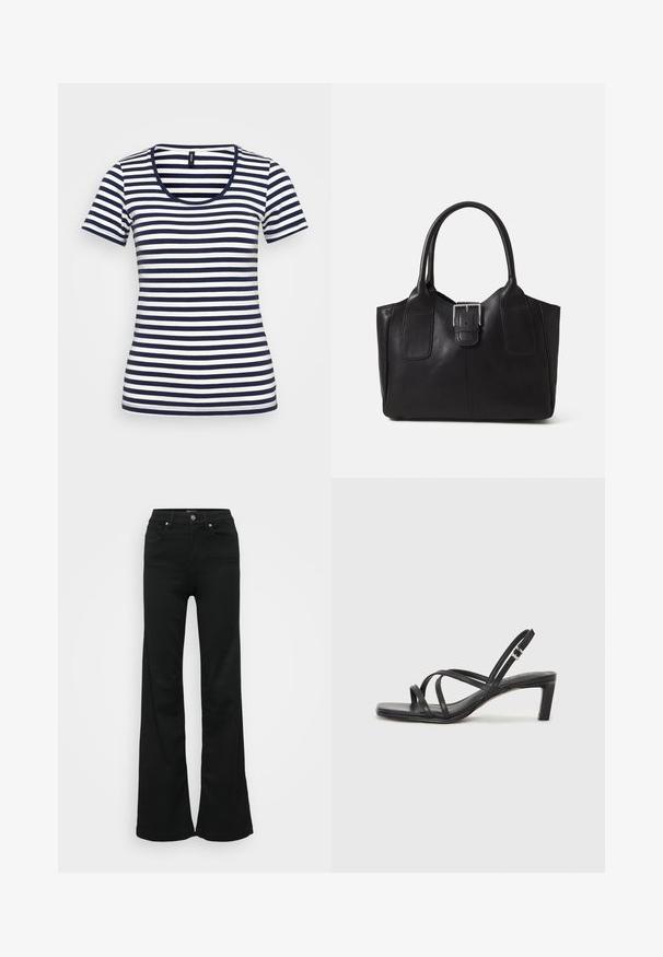 Navy and white striped t-shirt featuring a scoop neckline, short sleeves, and a fitted design. Made of soft, lightweight fabric.; Black flared jeans made from denim, featuring a high waist, five pockets, and metal button closure. Smooth texture with minimal detailing.; Black strappy sandal with a square toe and a low block heel. Features multiple thin straps and an adjustable ankle strap. Made of smooth leather.; Black leather tote bag with smooth texture, structured shape, two handles, and a prominent silver buckle detail on the front.