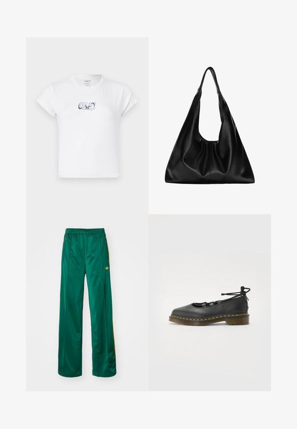 Hvid bomulds T-shirt med kortærmer og rund halsudskæring, prydet med mørkeblåt "OBEY" grafik tekst på forsiden. Glat tekstur.; Grønne satin atletikbukser med en afslappet pasform, der har gule stribeaccenter og et broderet logo på venstre side. Elastisk talje.; Sort lædersko med rund tå, lav hæl, snøre detaljer og gul stitching langs sålen. Glat tekstur med en mat finish.; Sort læder hobo taske med en blød, buet form. Har en bred toprem og rynker i bunden for en afslappet struktur.