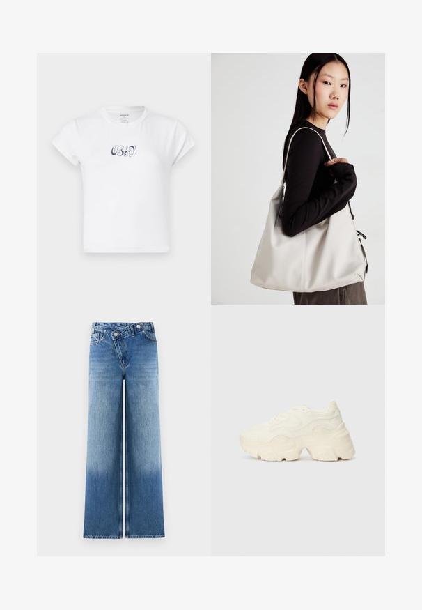 Witte katoenen t-shirt met korte mouwen en een ronde halslijn, met op de voorzijde donkerblauwe "OBEY" grafische tekst. Soepele textuur.; Lichtblauwe wijde jeans met een vervaagde wassing, voorzien van een klassieke vijf-pocketontwerp en metalen knoopaccenten bij de taille.; Chunky witte sneakers gemaakt van geperforeerd mesh en synthetische materialen, met een dikke zool en ingewikkelde patroon details aan de zijkanten.; Beige handtas gemaakt van zacht materiaal, met een slonzig ontwerp, gestikte details en twee schouderbanden. Geschikt voor dagelijks gebruik.