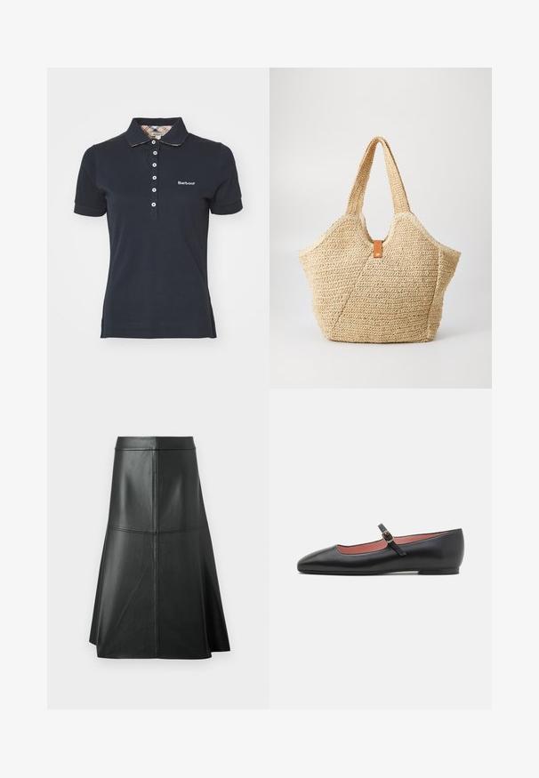 Námořnická bavlněná polokošile s límečkem, obsahující knoflíkovou légou a bílým vyšitým logem "Barbour". Krátké rukávy a pruhovaná lemovka.; Černá kožená A-linie sukně, hladká textura, do délky midi, s horizontálním švem v pase a švech pro přidanou strukturu.; Černá kožená plochá bota s špičatou špicí a kotníkovým páskem s zlatou sponou. Hladký povrch s mírně lesklým finish.; Velká slámová taška s texturovaným béžovým povrchem a dvěma širokými držadly. Má kožený akcentový popruh pro uzavření.