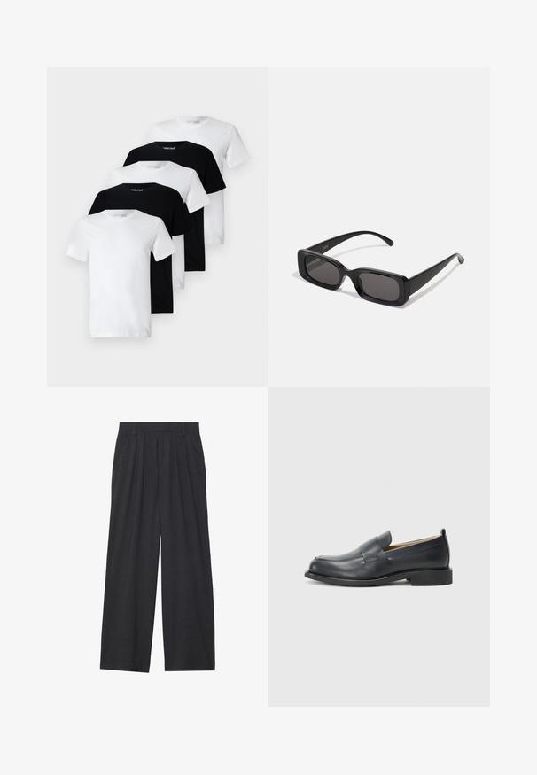 Pět základních triček vystavených v řadě: dvě bílé a tři černé. Krátké rukávy, kulatý výstřih, měkká bavlněná látka.; Široké kalhoty vyrobené z tmavě šedé látky. Mají plisování v pase, střih na míru a rovný siluetu.; Černé kožené mokasíny s hladkým povrchem, plochou podrážkou a zaoblenou špičkou, zdobené páskem přes svršek.; Černé obdélníkové sluneční brýle s tmavými skly, lesklým povrchem, širokými ramínky a robustním designem rámu. Vytlačený název značky na jednom ramínku.