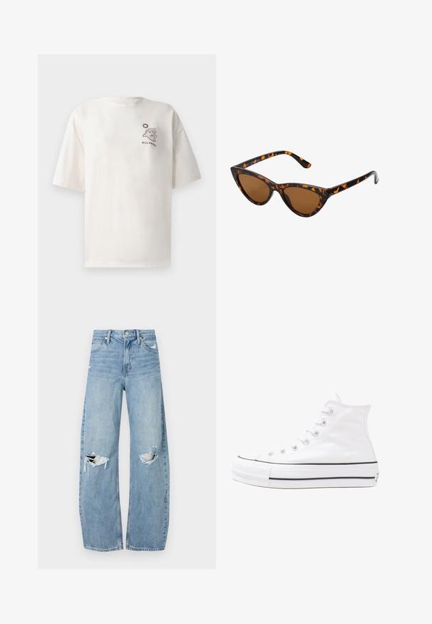 Kremskrāsas kokvilnas T-krekls ar īsām piedurknēm, ar grafiku, kurā attēlota viļņu un saules aina, kā arī uzrakstu "BILLABONG" priekšā.; Gaiši zili, augstās vidukļa džinsi, kas izgatavoti no denima. Iespējas plašas kājas, divas plēstas ceļa daļas un klasiskā piecu kabatu dizains.; Balti augstie kanvas sporta apavi ar melnu gumijas zoli, priekšējo gumijas purngalu un sešām acīm lencēm, kuriem ir tīrs, minimālistisks dizains.; Kaķa acs saulesbrilles ar melnu un oranžu bruņurupuču rakstu rāmi, brūnām lēcām un elegantiem, norādītiem galiem. Rāmī ir minimālists logos uz tempļa.