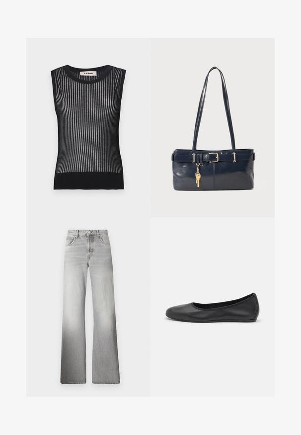 Crni bezrukavni pleteni top s vertikalnim prugama i poluprozirnom teksturom. Izrađen od mekanog, rastezljivog materijala za uski kroj.; Sive traperice širokih nogavica s visokim strukom, izblijeđenom teksturom, pet džepova i zatvaranjem na patentni zatvarač s gumbom.; Crne kožne baletanke s zaobljenim vrhom, glatke teksture, minimalnim detaljima šavova i fleksibilnim dizajnom potplata.; Morska kožna torbica s dva duga ramena, detaljem kopče i privjeskom za ključeve. Ima glatku teksturu i pravokutni oblik.