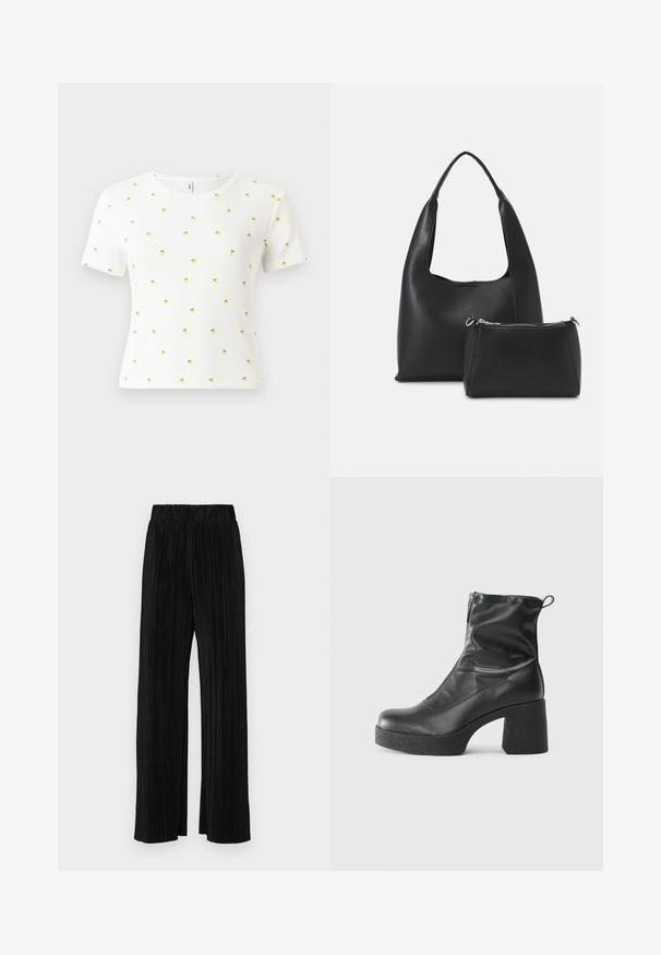White short-sleeve t-shirt made of ribbed fabric, featuring a scattered pattern of small yellow pineapples with green leaves.; Black pleated trousers with an elastic waistband. Features wide legs and a smooth, textured fabric with vertical stripes.; Black ankle boots made of smooth leather, featuring a side zipper, chunky textured heel, and rounded toe design.; Even&Odd Handbag - black