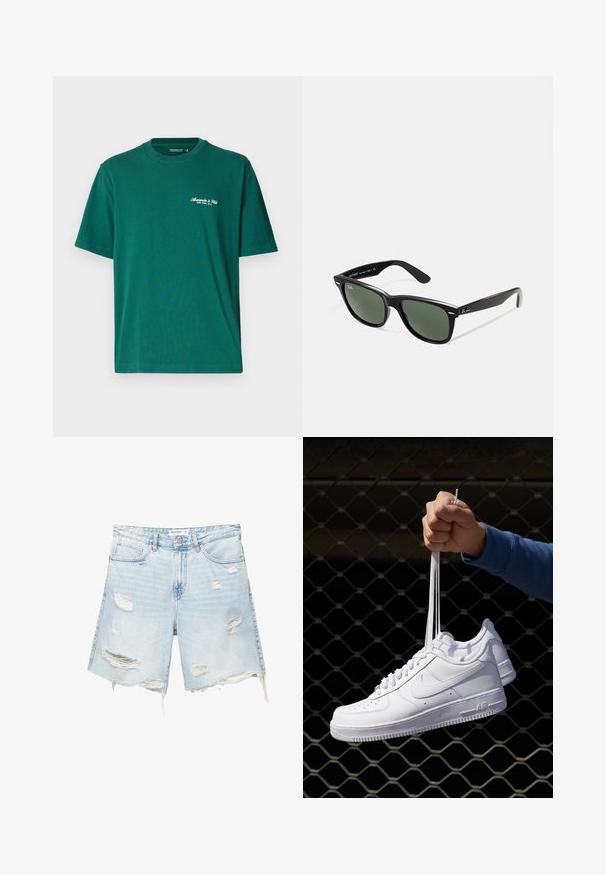 Abercrombie & Fitch Premium Polished Micro-Logo Tee - Jednoduché tričko - rainforest; Svetlomodré džíny šortky s popraskanými detaily, třepeným lemem, pěti kapsami, kovovým zapínáním na knoflík a poutky na opasek. Ležérní, volný střih.; Bílé kožené tenisky s perforacemi, kulatou špičkou, plochou podrážkou a silnými tkaničkami, které mají viditelné logo swoosh a nápis "AIR" na patě.; Černé plastové sluneční brýle se zelenými skly, čtvercové obroučky, stříbrný detail na obočí a texturované stranice. Značka uvedená na vnitřní straně stranic.