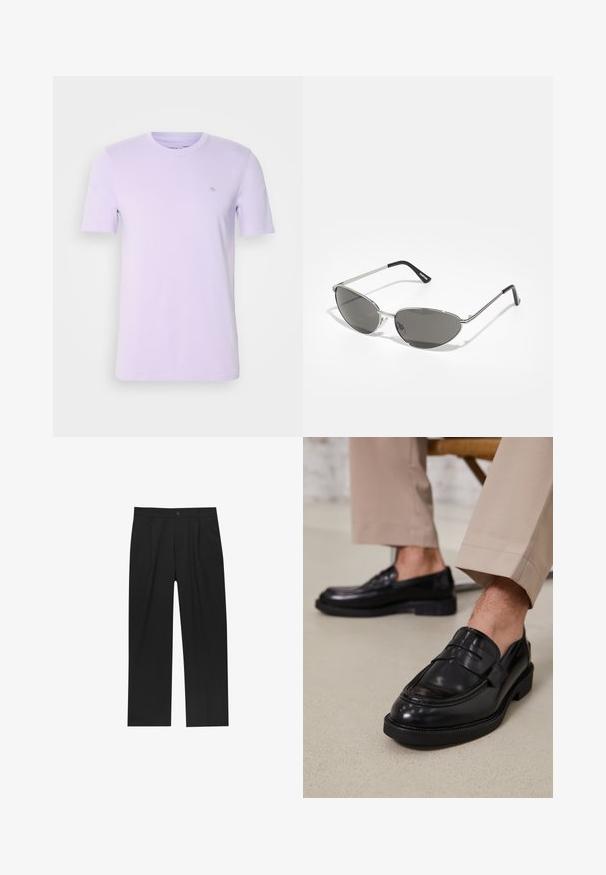 Tricou din bumbac de culoare lavandă deschisă, cu mâneci scurte, de tip crew neck și un mic logo brodat pe partea stângă a pieptului. Textură moale, design simplu.; Pantaloni negri cu un design drept, fabricați dintr-un material neted. Au plisse în față și un sistem de închidere cu un singur buton la talie.; Loafers negre din piele cu o finisare netedă, având o curea decorativă și cusături contrastante, asortați cu pantaloni bej.; Ochelari de soare cu un cadru metalic argintiu, lentile nuanțate de gri și un design aerodinamic, cu colțuri ascuțite și brațe subțiri.