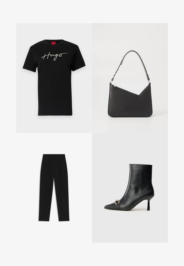 Musta puuvillapaita lyhyillä hihoilla ja pyöreällä pääntiellä. Etuosassa on kursiivilla painettu "Hugs" vaaleassa heijastavassa värissä.; Mustat housut suoran istuvuuden kanssa, joissa on kaksinkertaiset laskokset, sileä pinta ja klassinen vyötärönauhan muotoilu. Ei näkyviä metalliosia tai koristeita.; Musta nahkasaapas nilkkapituisilla, terävillä kärjillä, hoikalla keskipituisella korolla ja hopeavöillä sivussa yksinkertaista taustaa vasten.; Musta nahkakäekott kolmnurga kujuga, peene rihmaga ja hõbedaste detailidega. Omab lukuga sulgemist ja esiküljel on reljeefne logo.