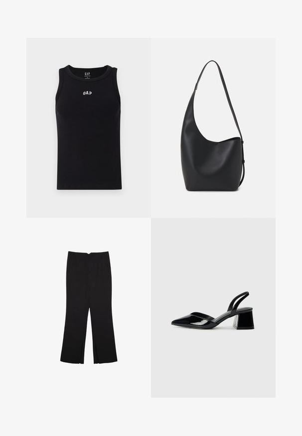 Crni pamučni top bez rukava s rebrastom teksturom. Ima zaobljeni izrez i izvezeni "GAP" logo u bijeloj boji na prsima.; Crne hlače ravnog kroja, s prednjim džepovima i bočnim prorezima na rubu. Izrađene od mekog i glatkog materijala. Pogodne za razne prigode.; Crne lakirane kožne sandale s otvorenom petom i špicastim vrhom, s geometrijskom blok petom. Imaju elegantan, minimalistički dizajn i glatku teksturu.; Crna kožna hobo torba s glatkom teksturom, zakrivljenim oblikom i jednom podesivom trakicom; ima širok otvor na vrhu.