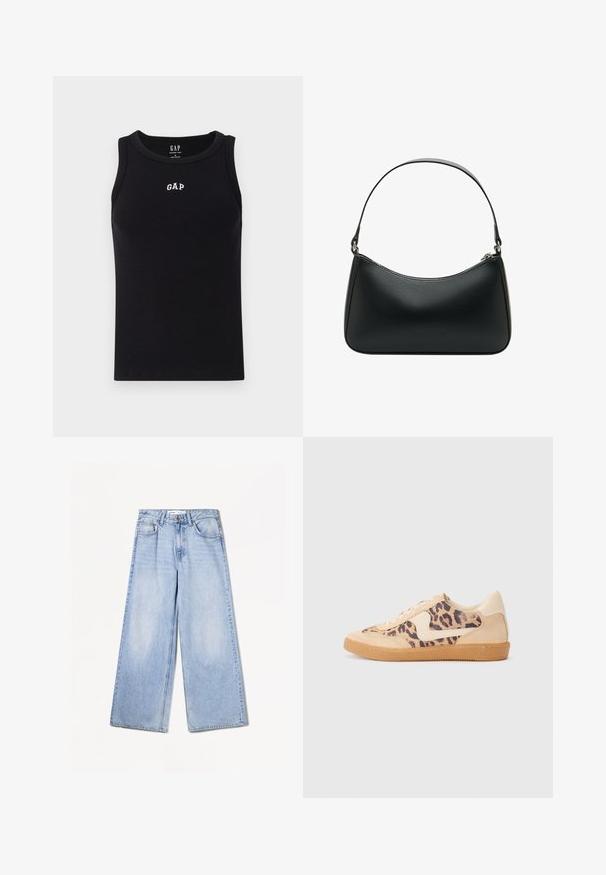 Čierny bavlnený tank top s ryhovanou textúrou. Má zakrivený výstrih a biele vyšívané logo "GAP" na hrudi. Bez rukávov.; Bershka WIDE-LEG - Široké nohavice - light-blue denim; Tenisky s leopardím vzorom, s béžovým semišovým zvrškom, svetlohnedou gumovou podrážkou a bielymi akcentmi. Okrúhla špička a šnurovací dizajn s textúrovaným povrchom.; Čierna kožená taška na rameno s zakriveným tvarom, jedným plochým popruhom a horným zipsom. Hladká textura s minimálnymi kovovými detailmi.