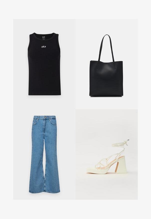 Fekete pamut ujjatlan felső bordázott textúrával. Kerek nyakkivágással rendelkezik, a mellkason fehér hímzett "GAP" logóval. Ujjatlan.; Világoskék, trapézszárú farmernadrág, magas derékkal, öt zsebbel és egy gombos záródással. Puha tapintású, magasított effektusú anyag.; Fehér, magassarkú szandál vastag sarokkal, pántos dizájnnal és bokapánttal. Sima textúra, elülső platformmal a megnövelt magasság érdekében.; Fekete bőrtáska sima felszínnel, téglalap alakú, két hosszú füllel. Nincs látható fémkiegészítő vagy díszítés.