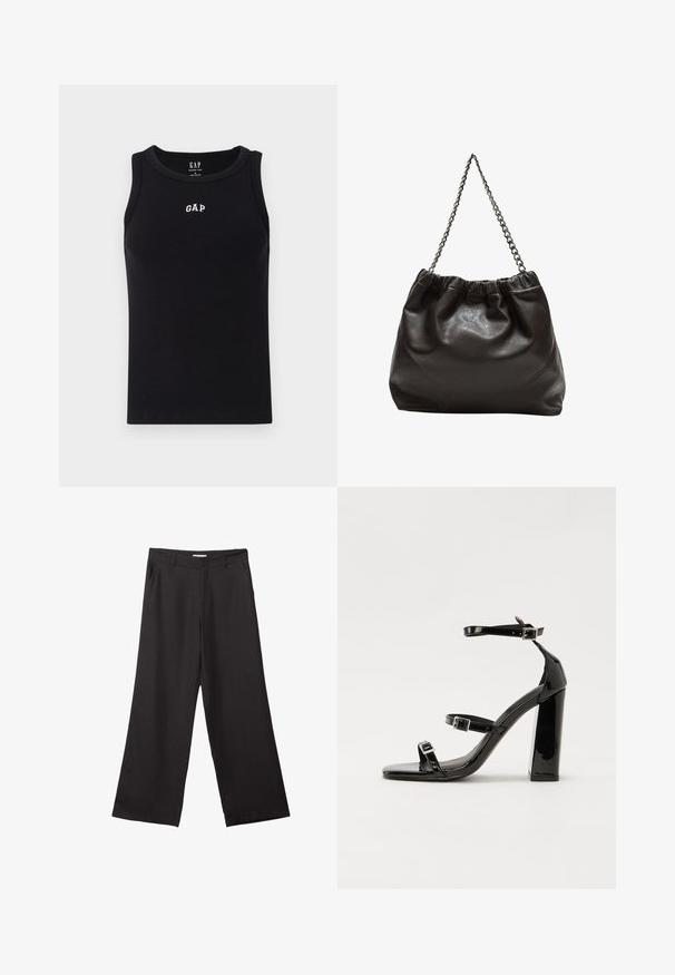 Mustat puuvillaiset hihattomat paidat, joissa on ribbipinta. Pyöreä kaula-aukko ja valkoinen brodeerattu "GAP" -logo rinnassa.; Mustat leveälahkeiset housut, jotka on valmistettu sileästä kankaasta. Niissä on edessä vetoketju ja kaksi sivutaskua, ja niiden muotoilu on räätälöity ja minimalistinen.; Musta kiiltävä korkokenkä sandaalit neliönmuotoisella varpaalla, nilkkaremmillä ja hopeisilla soljilla. Varustettu tukevalla lohkokorkealla vakauden takaamiseksi.; Ruskea nahkainen laukku, jossa on kerätty yläosa ja ketjuhihna. Tasainen pinta, jossa kiiltävä viimeistely ja hienovaraiset sauman yksityiskohdat sivuilla.